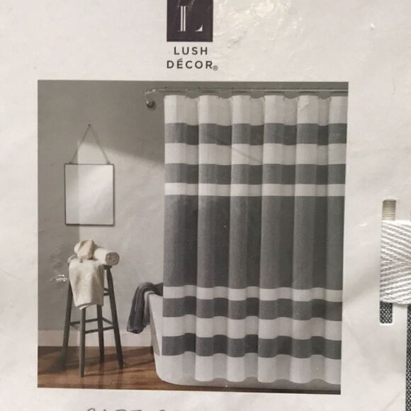 NEW Lush Decor Cape Cod Stripe Navy Shower Curtain - Picture 2 of 5
